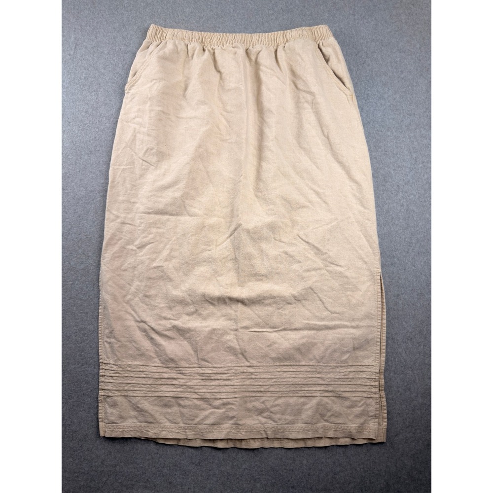 Erika Collection Linen Cotton Blend Midi Skirt Beige Elastic Waist Pockets XL